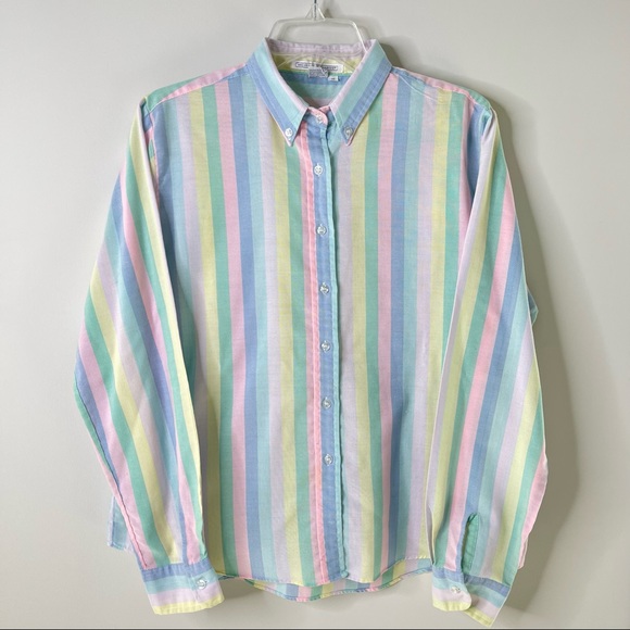 Vintage 90s Michelle Richards Pastel Rainbow Stripes Preppy Button Down Shirt - Picture 9 of 10